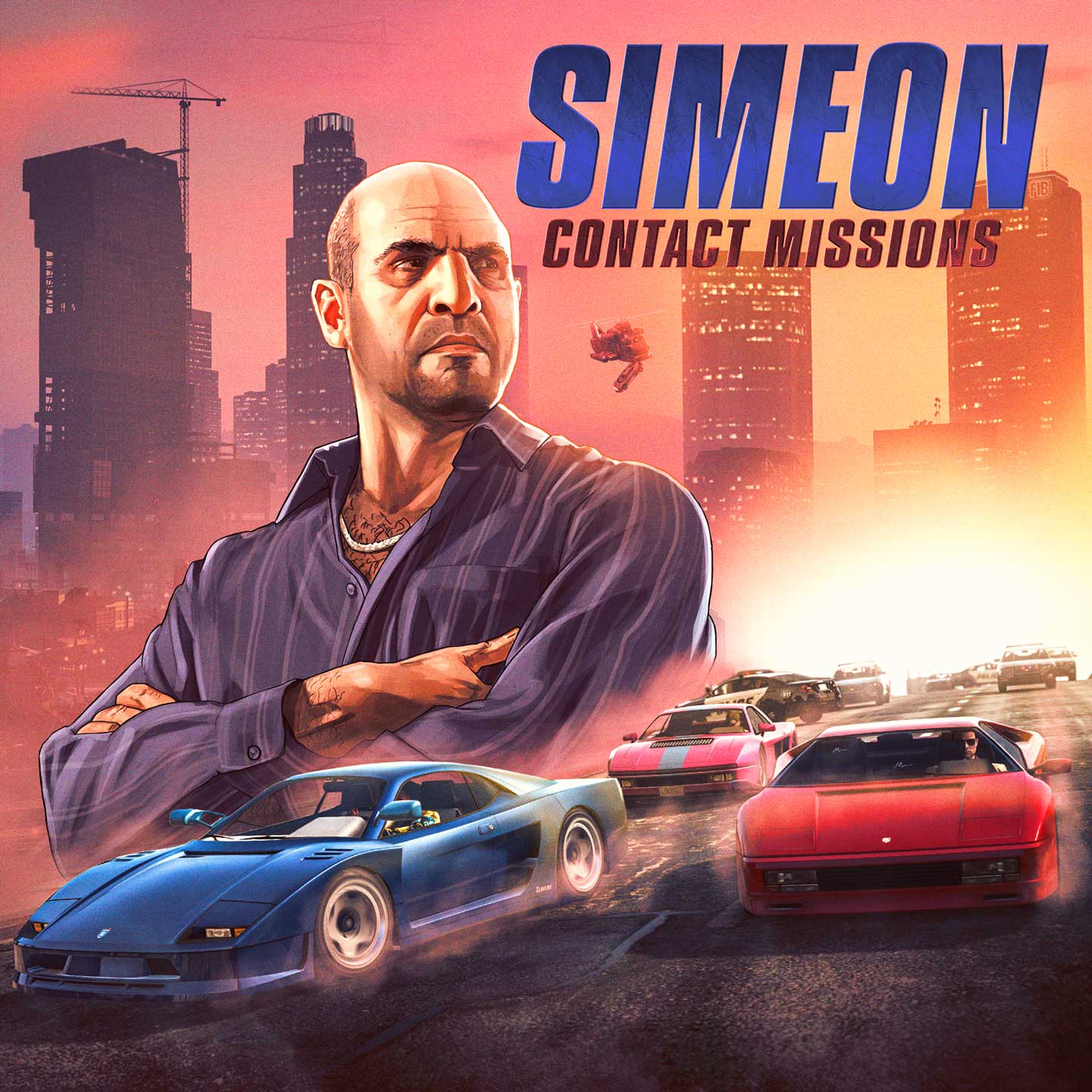 Poster der Kontaktmissionen von Simeon mit Autos auf einer Rennstrecke.