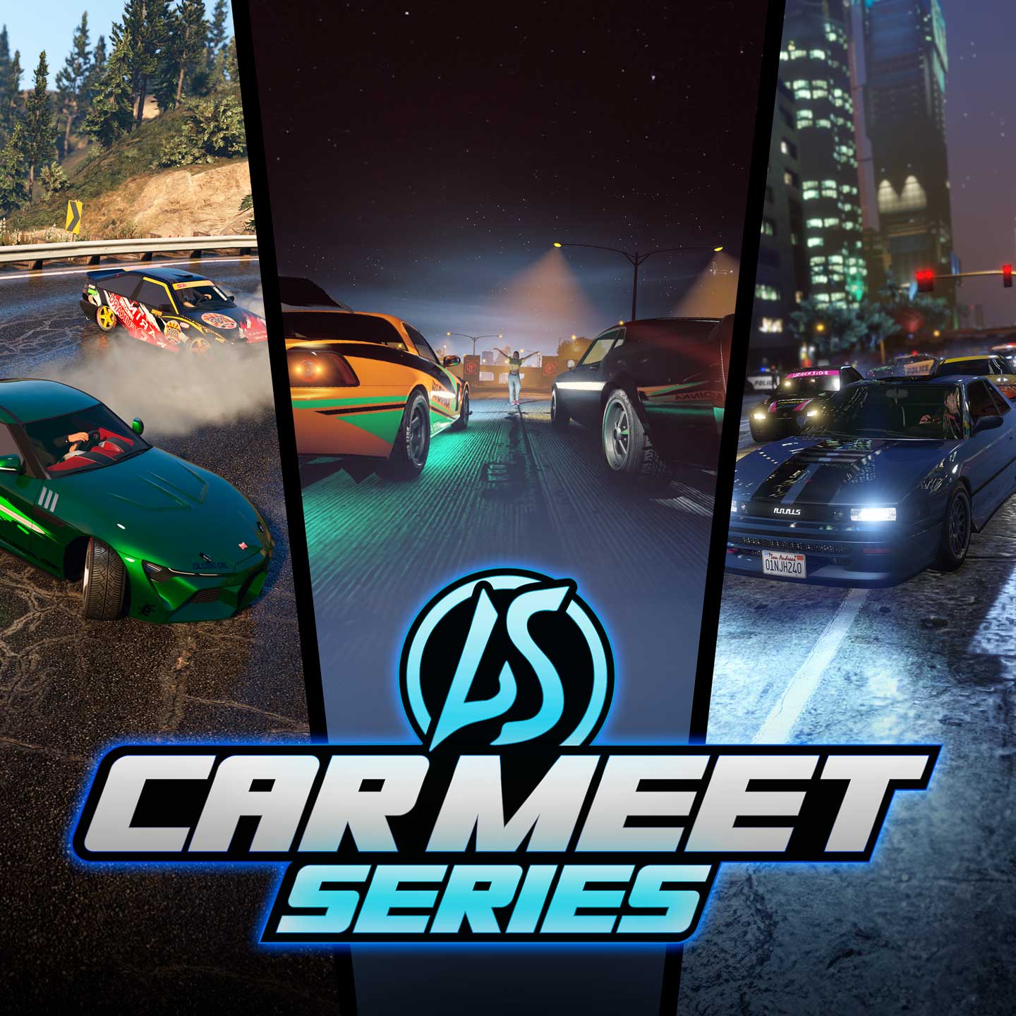 Poster der Car-Meet-Serie mit einer geteilten Ansicht, die 3 illegale Rennen zeigt; Drift-, Dragster- und Verfolgungsrennen.
