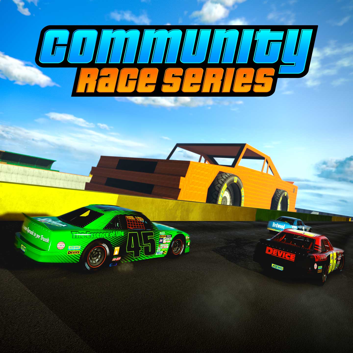 Poster für die Community-Rennserie mit Fahrzeugen, die an einem riesigen gelben Auto-Modell vorbeirasen.