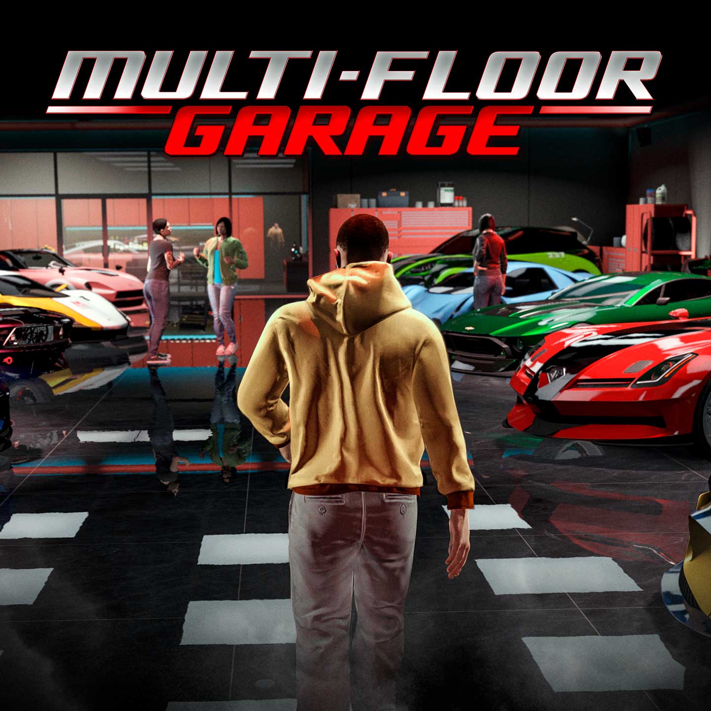 Poster der mehrstöckigen Garage mit einem GTA-Online-Charakter, der durch einen Austellungsraum mit mehreren Autos geht.